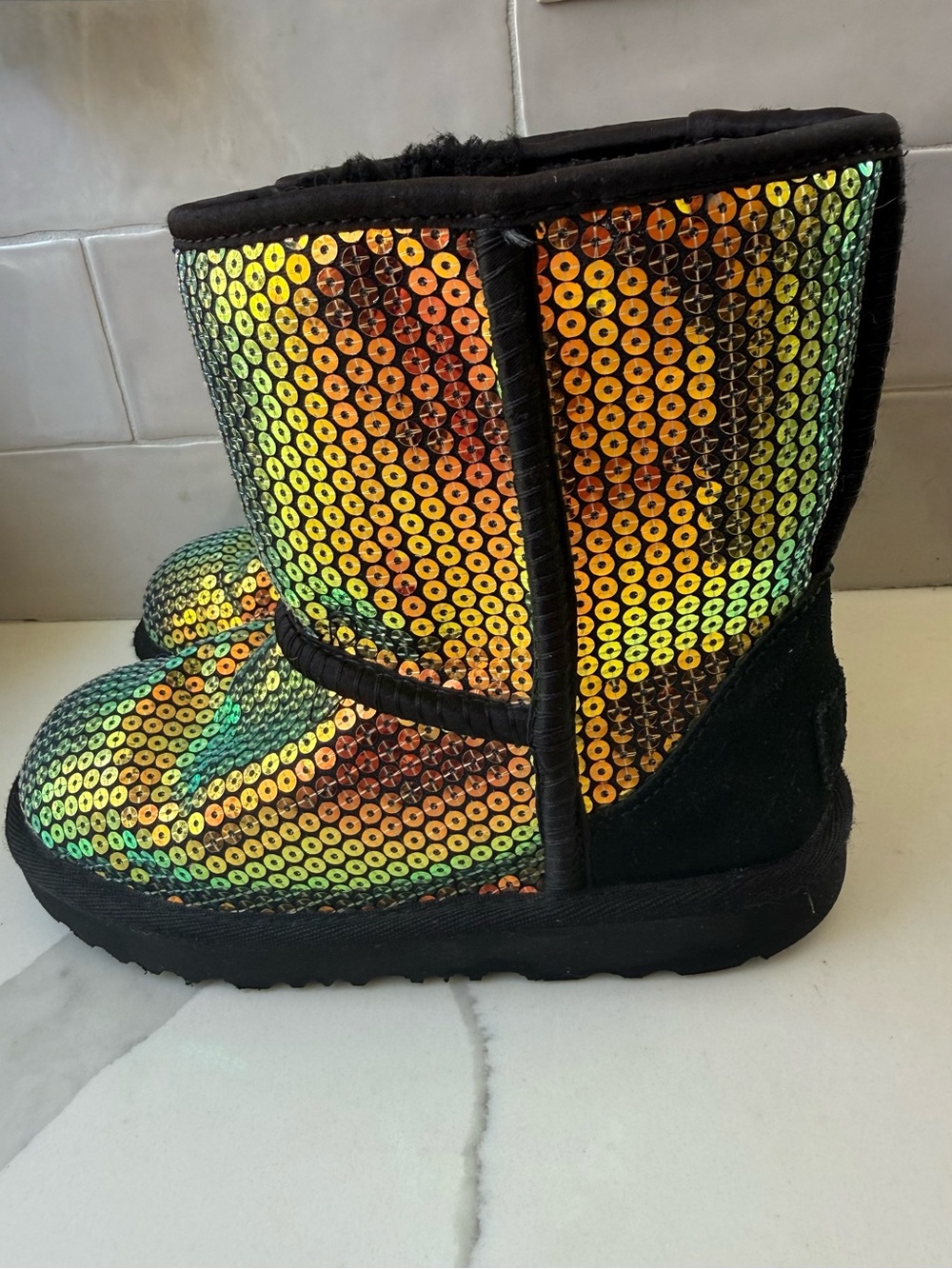 UGG Black Sequin Short Boots with Iridescent Gold Sequins Kids SZ 12